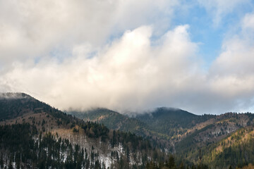 Sunrise in a Valley at Foggy Morning Mountains Landscape