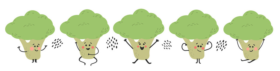 Hand drawn smile green broccoli. Cute happy childish vegetable character set. Fresh healthy juicy food collection. Summer vector illustrtation on white background.