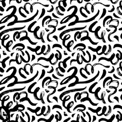 Wavy and swirled brush strokes vector seamless pattern. Black paint freehand scribbles, abstract ink background. Brushstrokes, smears, lines, squiggle pattern. Abstract wallpaper design, textile print