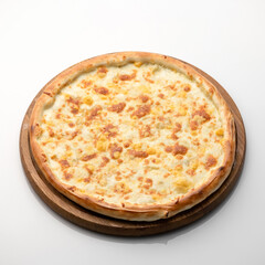 Whole cheese pizza on wooden round cutting board on white background. Classic italian food. Nutrition dinner or lunch. Square format for online food delivery.