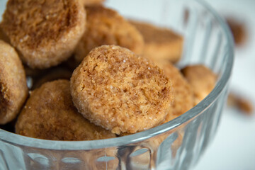 Homemade cookies are in a bowl. Close-up