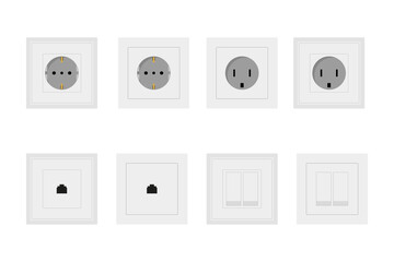 Socket and switch electrical outlet for electrical outlets and electricity illustration set of different types of sockets and switches isolated on white background. Vector