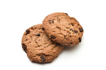 Chocolate chip cookies isolated on white background. Sweet biscuits. Homemade pastry.