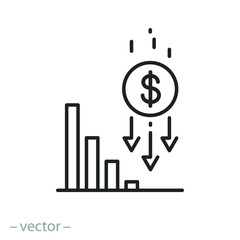 economy crisis icon, financial decrease, rate business fall, money failure, inflation or devaluation, investment loss, thin line web symbol on white background - editable stroke vector illustration 