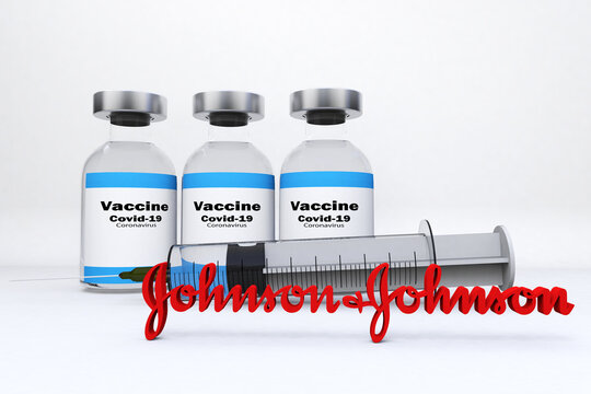 Vaccines with a syringe and a container bottle in the treatment of coronavirus disease 2019 COVID-19 covid19 covid johnson & johnson 3D RENDER.