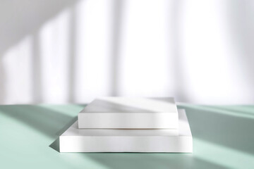Abstract empty white podium on pastel background with shadow. Mock up stand for product presentation. 3D Render. Minimal concept. Display product.