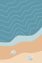 Seashells on tropical sand abstract background, line waves, blue and yellow summer holidays relax illustration for banner, poster, card