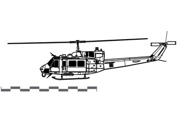 Bell UH-1N Iroquois. Twin Huey. Model 212. Vector drawing of utility helicopter. Side view. Image for illustration and infographics.