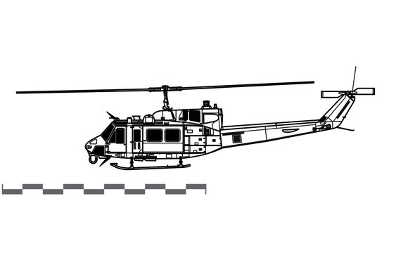 Bell UH-1N Iroquois. Twin Huey. Model 212. Vector drawing of utility helicopter. Side view. Image for illustration and infographics.