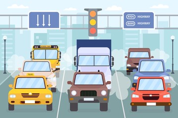 Traffic jam. Cars on city road with smoke, smog and exhaust gas. Vehicle, taxi, truck and bus on urban highway. Air pollution vector concept