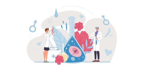 Vector cartoon flat doctor characters at work in uniform,lab coats with medical devices and symbols-medic team,human disease diagnostics,medical treatment and therapy concept