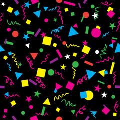 Fun Confetti Design with Bright Bold Colors on Black Background Seamless Repeating Pattern Vector
