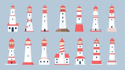 Lighthouse towers. Cartoon sea beacon design. Coastline marine navigation house with beaming searchlight signal. Flat lighthouses vector set