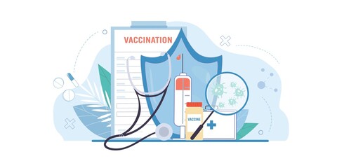 Vector cartoon flat equipment for anti virus vaccination-coronavirus infection disease prevention,covid vaccine protection method concept with medical devices and symbols