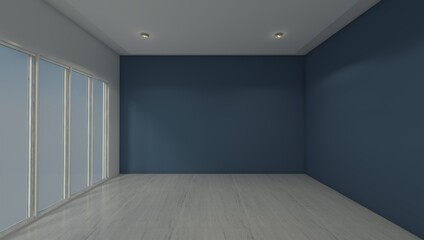 empty room with window and blue wall background. Template room for interior furniture design. 