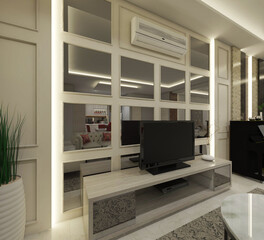 Fototapeta premium Modern Tv cabinet design with drawer table and back wall panel ornaments. Using mirror and lighting decoration. Suitable for interior living room. 