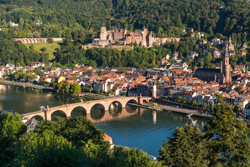 Heidelberg city in summer with view of Heidelberg Castle and Old Bridge