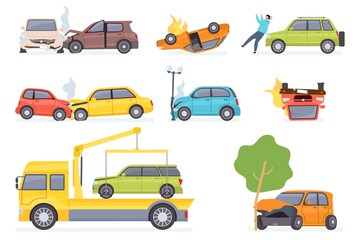 Fototapeta premium Cars accident. Insurance transportation on tow truck, auto collision with tree or street light, hitting pedestrian. Vehicle crash vector set