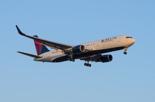 Los Angeles International Airport, CA/USA - June 5, 2015: image of Delta Air Lines Boeing 767-300 jet with registration N154DL shown arriving in late afternoon at LAX.