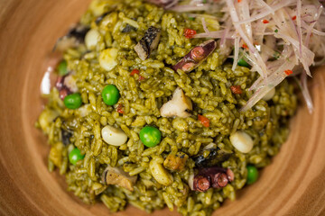 Creamy rice with seafood.