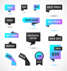 Vector stickers, price tag, banner, label. Coupon sale, offers and promotions vector template.