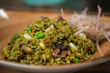 Creamy rice with seafood.