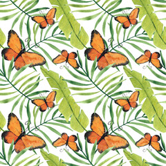 Fototapeta na wymiar Watercolor seamless pattern butterfly. Hand painted tropical flowers. Tropical summer nature background.