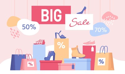 Shoe discount. Big sale banner with shopping bags and women footwear on box. Shop special offer for fashion shoes and sneakers vector design