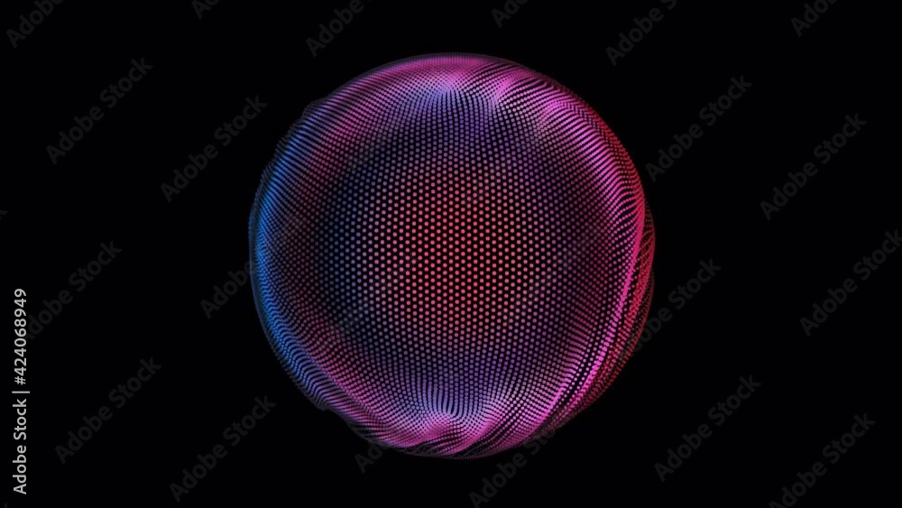 Poster distortion waves on abstract sphere of particles loop. digital data splash of spherical point array.