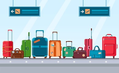 Airport conveyor belt with luggage. Carousel system with travel suitcases and bags with stickers. Cartoon baggage claim area vector concept