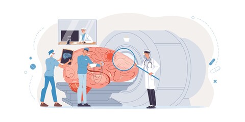 Cartoon flat doctor characters at work,physicians with medical devices,uniform lab coats study brain using MRI-human anatomy internal organ disease diagnostics,medical treatment therapy concept