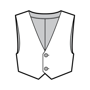 recommend clip art: Short vest waistcoat technical fashion illustration with sleeveless, cropped length, V-neckline, button-up closure. Flat apparel template front, white color style. Women, men, unisex top CAD mockup