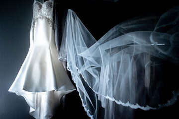 white wedding dress and veil (dramatic)