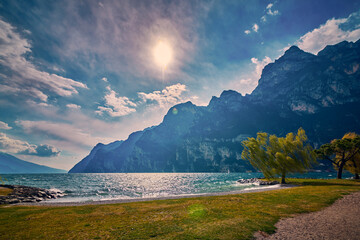 View of the beautiful Lake Garda surrounded by mountains,Riva del garda and Garda lake in the...