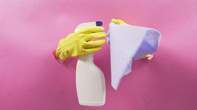 Hands in a rubber yellow glove holding a yellow cloth and spray for washing windows. Hands wash invisible glass. The concept of a professional cleaning service. Pink background.