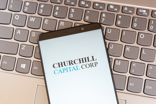 Toronto, On, Canada -March 14, 2021: Churchill Capital Corp  Logo On Smartphone Screen On Keyboard. Churchill Capital Corp Operates Is A Blank Check Company Based In New York. 