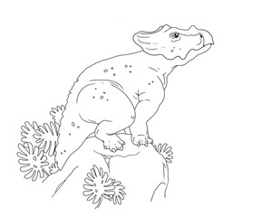 Drawing for coloring. The baby dinosaur climbed on a rock and waits for mom. Black and white sketch.