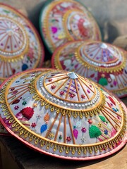 Handmade colourful traditional asian cone hat in Myanmar