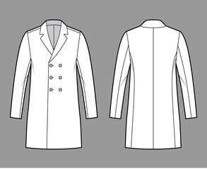 Classic coat technical fashion illustration with thigh length, notched shawl collar, oversized body, double breasted. Flat jacket template front, back, white color style. Women, men, unisex CAD mockup