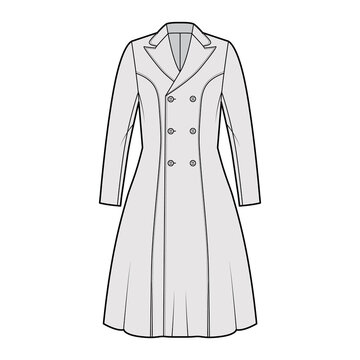 Princess line coat technical fashion illustration with double breasted, fitted body, long sleeves, peak lapel collar, knee length. Flat jacket template front, grey color style. Women, men, CAD mockup