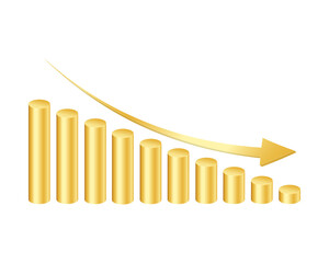 Golden cylinders bar graph with decreasing arrow isolated on white background. Reduction rate symbol. Column chart for finance statistical infographic. Vector illustration.