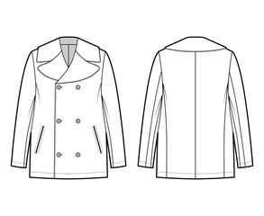 Pea overcoat technical fashion illustration with double breasted, fingertip length, oversized Stand up collar. Flat jacket template front, back, white color style. Women, men, unisex top CAD mockup