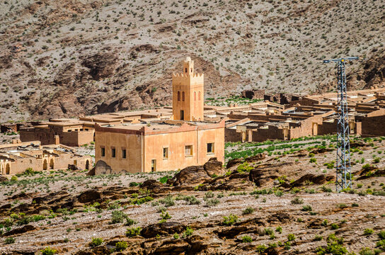 Aouli, Morocco - April 10, 2015. Old abandoned orange mosque in abandoned miners village near Midelt