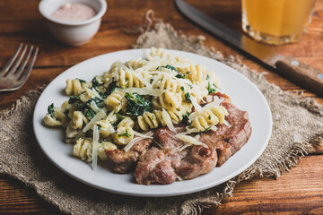 Pork Neck Steak with Creamy Spinach Pasta