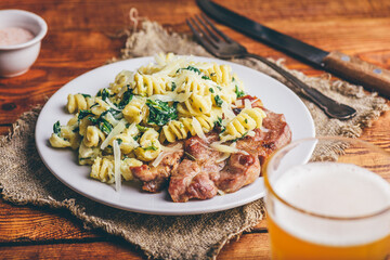 Fried Pork Steak and Spinach Pasta
