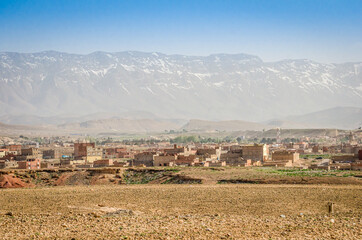 Midelt, Morocco - April 10, 2014. Panorama of city which is the gate to the Atlas - with High Atlas in background