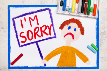 Colorful drawing: Sad man holding a sign with word: I'm sorry - 424074909