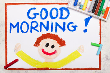 Colorful drawing: Happy smiling man and words: Good Morning.