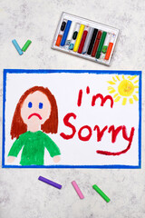 Colorful drawing: Sad woman and words: I'm sorry