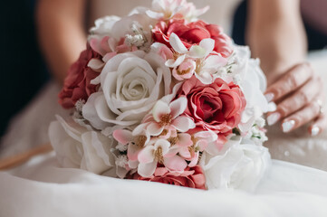 wedding bouquet with red and white roses